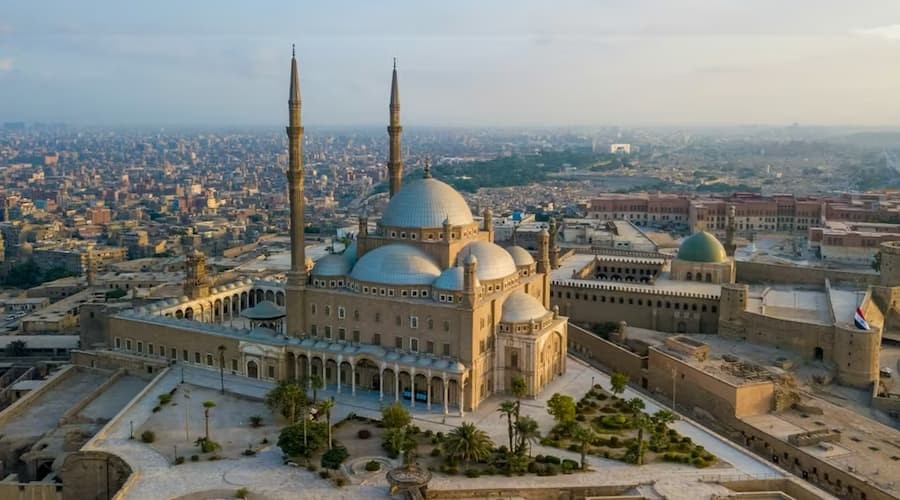 View of Saladin Citadel in Cairo, Egypt, showcasing its ancient walls and the Mosque of Muhammad Ali